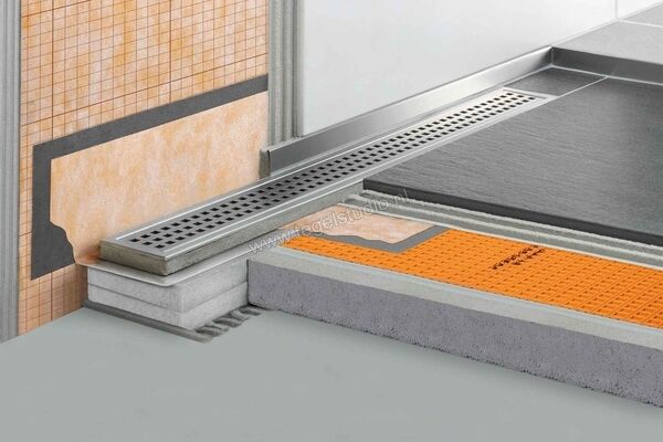  Schlüter Systems KERDI-LINE-V 50 G2 Set roestvaststalen lijnafvoergoot Lijnafvoergoot met stankafsluiter, afvoer DN 50 verticaal 90cm Roestvast staal V4A Sterkte: 48 mm Lengte: 0,9 m KLV50G2E90 | 320254
