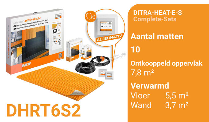 Schlüter Systems DITRA-HEAT-E-S Verwarming Volledige set voor vloer en wand, met wifi en optionele spraakbesturing Ontkoppel oppervlak 7,8 m² DHRT6S2 | 321826