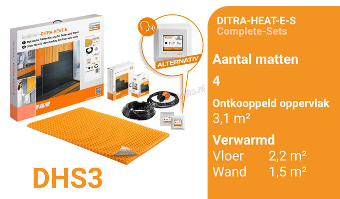 Schlüter Systems DITRA-HEAT-E-S Verwarming Volledige set voor vloer en wand Ontkoppel oppervlak 3,2 m² / verwarmde oppervlak 2,2 m² DHS3 | 321844